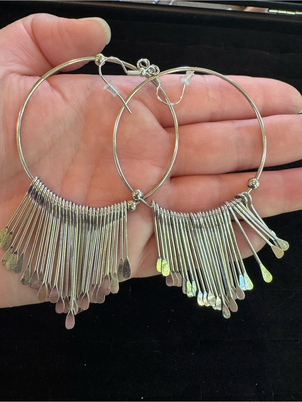 Silver Tone Large Hoop Earrings Long Fringe Dangle Statement Boho Jewelry